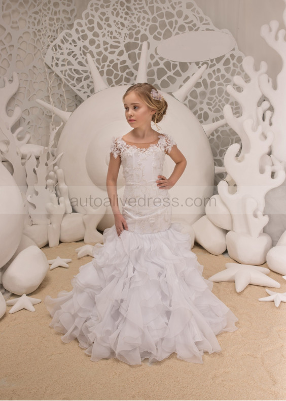 Beaded White Lace Organza Ruffled Flower Girl Dress